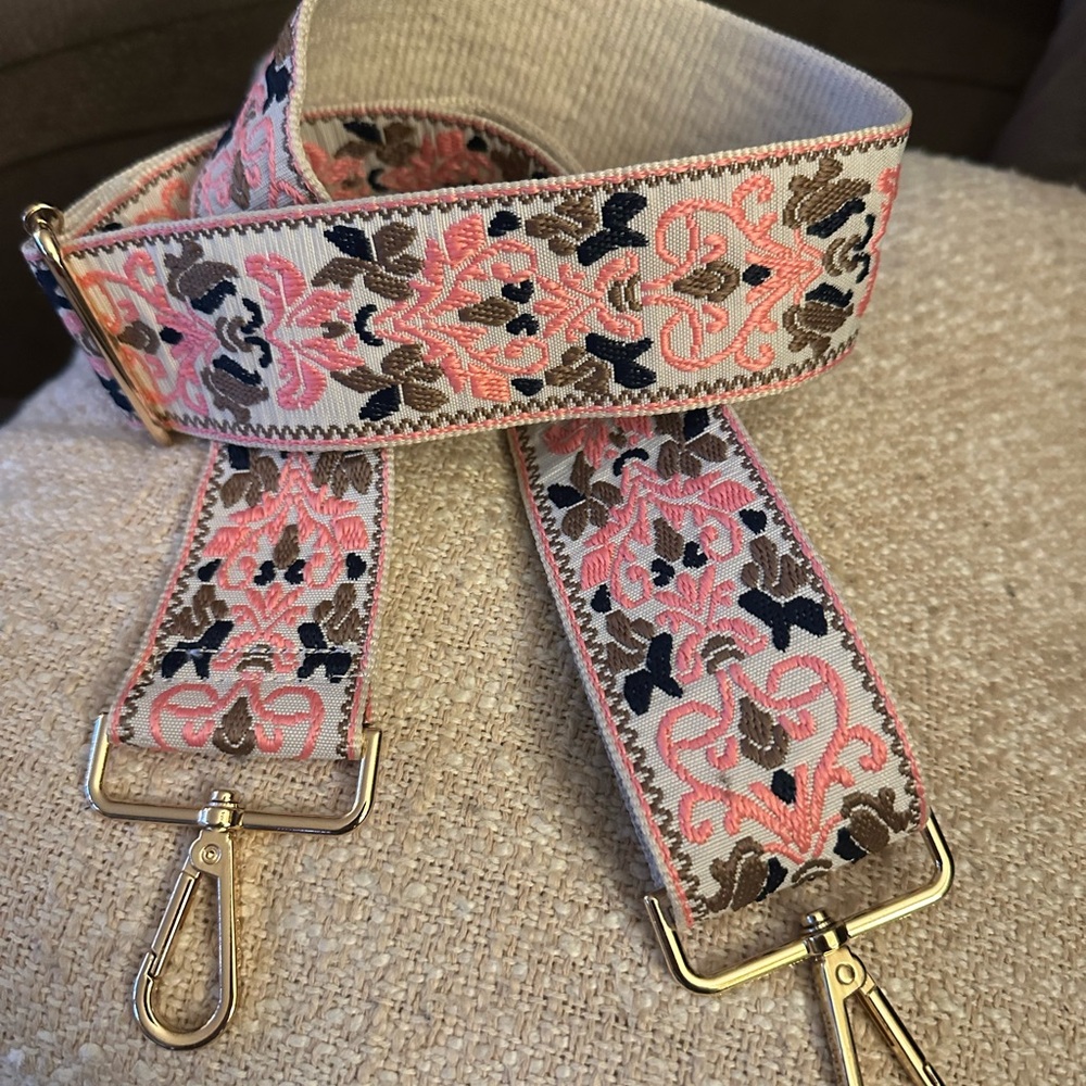 Floral Embroidered Guitar Strap for a purse with Gold Hardware